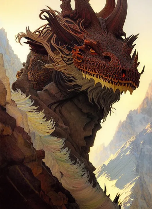 Image similar to ''face portrait of beautiful dragon, furry, mountain landscape, fantasy, d & d, sharp focus, detailed, digital painting, art by greg rutkowski and alphonse mucha''