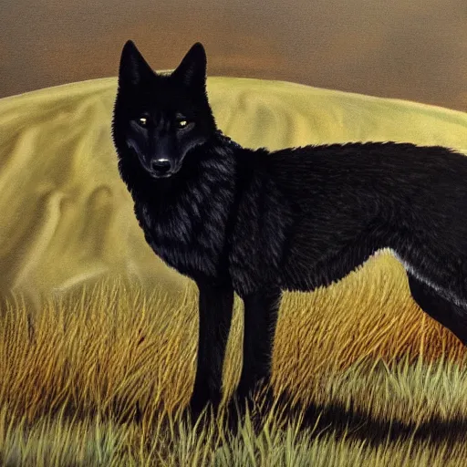 Prompt: black wolf in an australian desert, painting