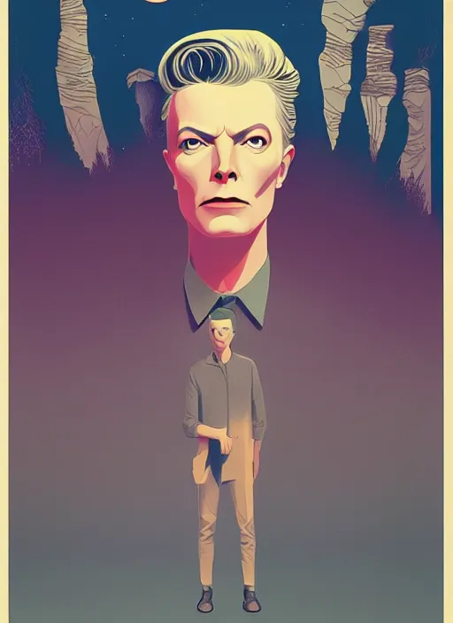 Prompt: Twin Peaks movie poster artwork by Tomer Hanuka and Michael Whelan, Rendering David Bowie in Twin Peaks full of details, by Makoto Shinkai and thomas kinkade, Matte painting, trending on artstation and unreal engine