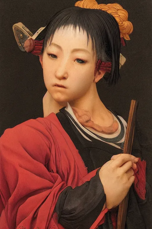 Image similar to Baroque painting of a traditional Kunoichi, inspired by Gustav Moreau and Wayne Barlowe, exquisite detail, hyper realism, ornate, exquisite detail, cute face