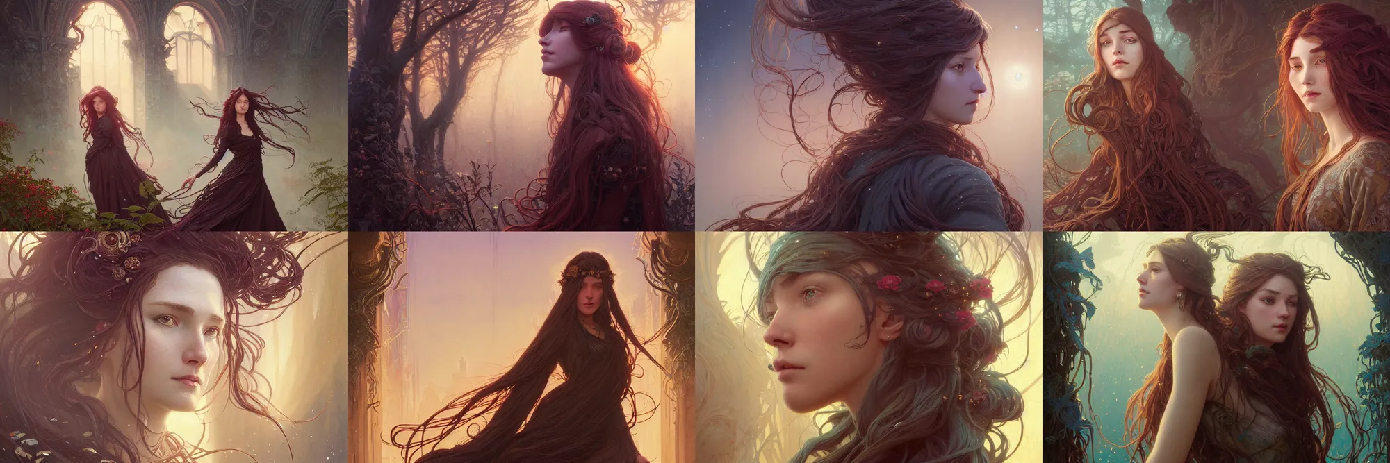 Image similar to highly detailed portrait of a woman with long hairs, stephen bliss, unreal engine, fantasy art by greg rutkowski, art nouveau, loish, rhads, ferdinand knab, makoto shinkai and lois van baarle, ilya kuvshinov, rossdraws, tom bagshaw, alphonse mucha, global illumination, radiant light, detailed and intricate environment