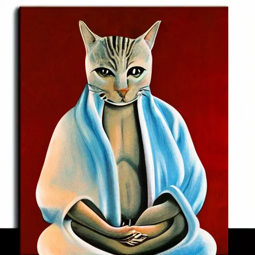 Image similar to canvas painting of cat buddhist monk cartoon, meditating, sitting, front view, eyes closed