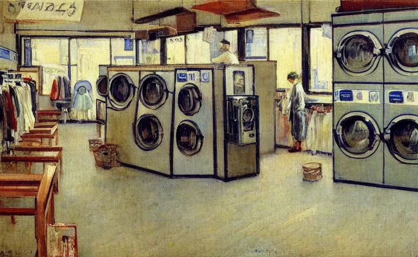 Image similar to interior of a modern laundromat, stanhope forbes, impressionist painting