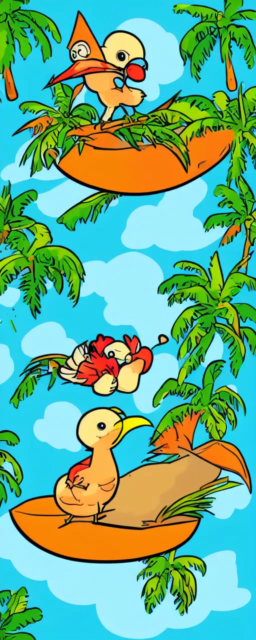 Image similar to cute cartoon chibi anime style illustration of a dodo bird surfing. super cute. tropical. colorful.