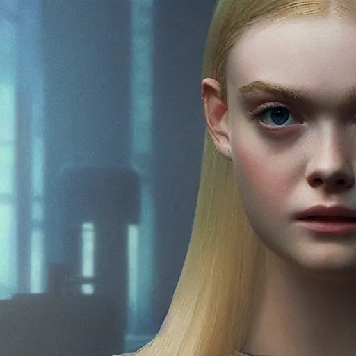 Image similar to ultra realistic head and shoulders masterpiece of elle fanning in blade runner 2 0 4 9, art by frank frazetta, 4 k, ultra realistic, highly detailed, epic lighting