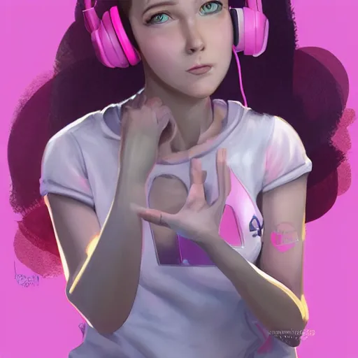 Image similar to very very very beautiful pink gamer girl wearing headphones with a unicorn horn coming out of her head standing in a pink girls room, full body portrait, eye contact, smiling, perfect face, perfect body, extreme long shot, drawn by artgerm and charlie bowater