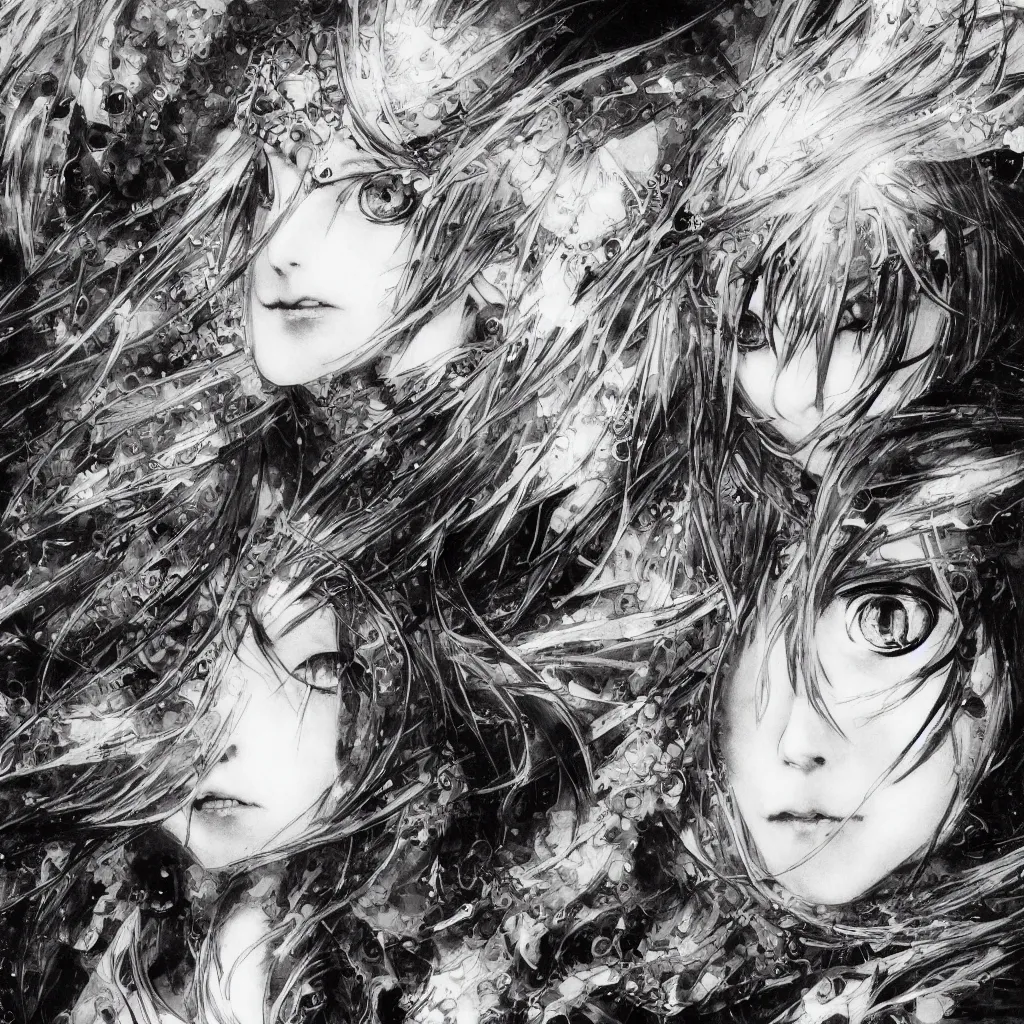 Image similar to Yoshitaka Amano blurred and dreamy illustration of an anime girl with pirate eye patch, wavy white hair and cracks on her face wearing Elden ring armour with the cape fluttering in the wind, abstract black and white patterns on the background, noisy film grain effect, highly detailed, Renaissance oil painting, weird portrait angle