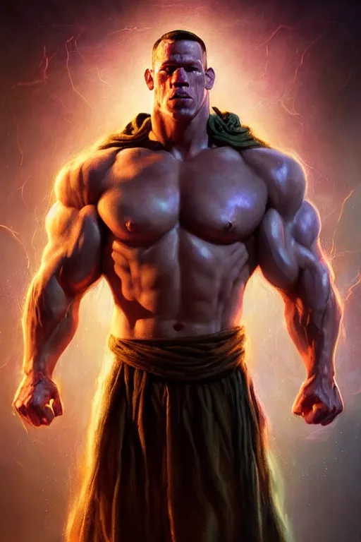 Image similar to full body portrait of john cena as a buff sorcerer casting a magical spell, tattered robe, by wlop and peter mohrbacher, dramatic action pose, extremely detailed shading, sharply focused, concept art, digital painting, trending on artstation, unreal engine 5, octane render, atmosphere, glow, cinematic lighting, full of color