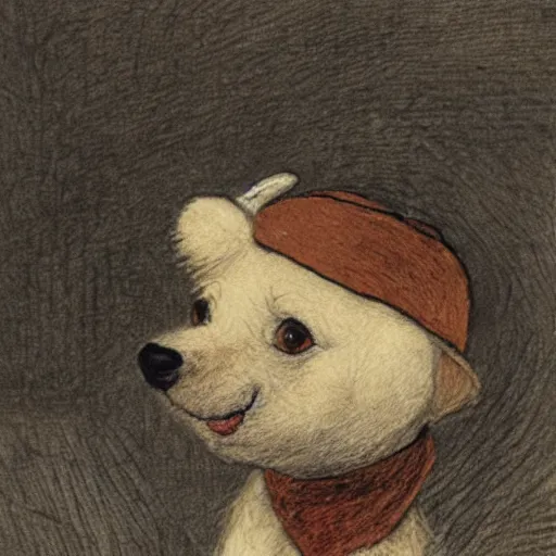 Image similar to closeup candid portrait of jack russel thinking, resting head on paw, illustrated by peggy fortnum and beatrix potter and sir john tenniel