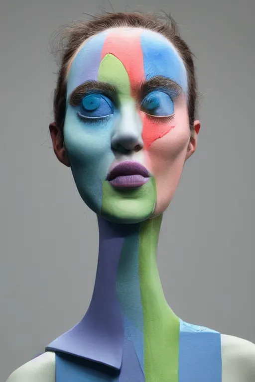 Image similar to 3 d full head and shoulders beautiful porcelain colourful woman with a sad expression and crying eyes by theodor seuss geisel and daniel arsham