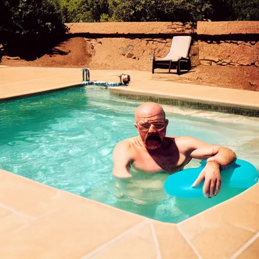 Prompt: photo of walter white relaxing in pool floater