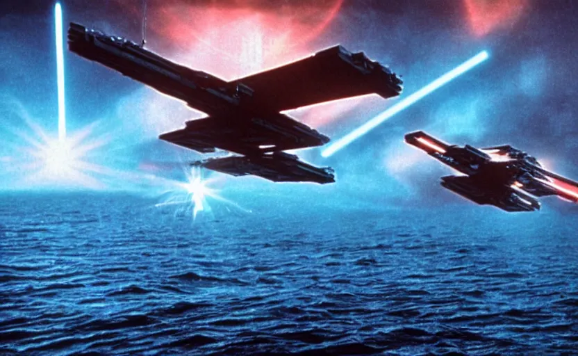 Prompt: iconic cinematic screenshot of an x wing above the ocean, scene from the 1 9 7 0 s star wars sci fi film by stanley kubrick, glowing lasers, kodak film stock, anamorphic lenses 2 4 mm, lens flare, iconic cinematography, award winning