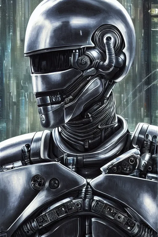 Image similar to an extremely high quality hd, a digital painting of a robocop ’ s face surrounded by mechanical parts, cyberpunk art by h. r. ( hans ruedi ) giger, featured on cgsociety, afrofuturism, circuitry, tesseract, dystopian art, 8 k, ultra realistic, very realistic