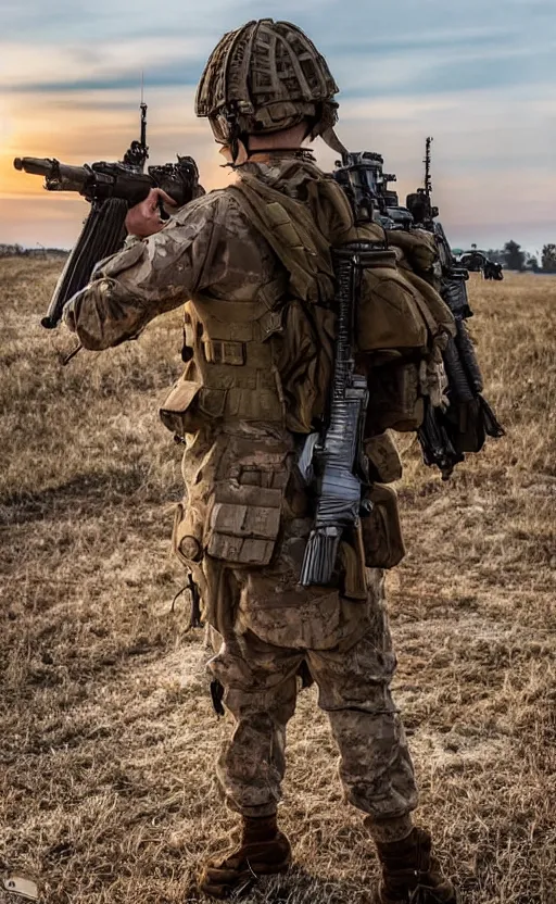 Prompt: highly detailed, high resolution, cosplay photo, stunning, real world, real sunset, in the middle of the battlefield, girls frontline style, bokeh soft, 100mm, trending on facebook, by professional photographer, realistic anatomy, realistic military carrier, soldier clothing, modern warfare, realistic rifle