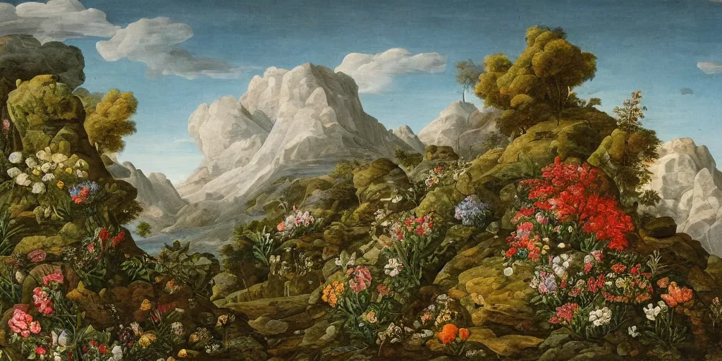 Image similar to mountain landscape with many flowers, by mahmoud sai and maria sibylla merian, intricate, sharp focus, detailed, lively colors, sky, water