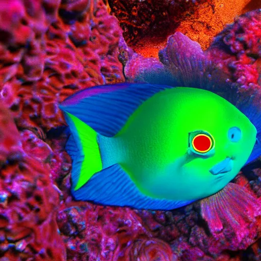 Image similar to underwater photo of a human-face fish with neon colors.