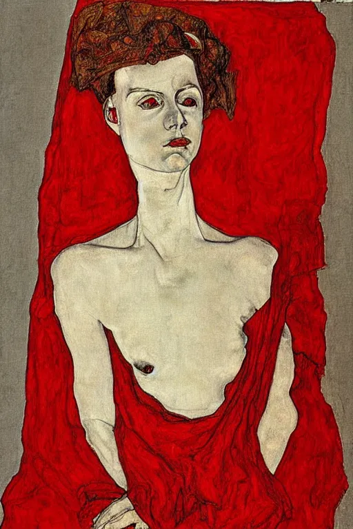 Image similar to drawing portrait of woman half covered by red fabric by Egon Schiele