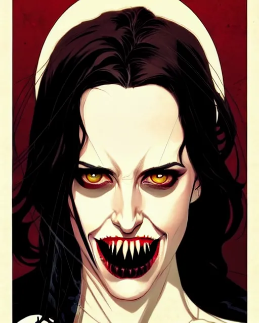 Prompt: Rafael Albuquerque comic cover art, artgerm, Joshua Middleton, pretty Eva Green vampire, sharp vampire teeth, sarcastic smile, symmetrical eyes, symmetrical face, brown leather jacket, jeans, long black hair, full body, building on fire, cool colors