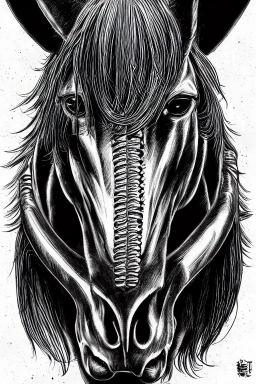 Image similar to evil horse with a horn, symmetrical, highly detailed, digital art, sharp focus, trending on art station, kentaro miura manga art style