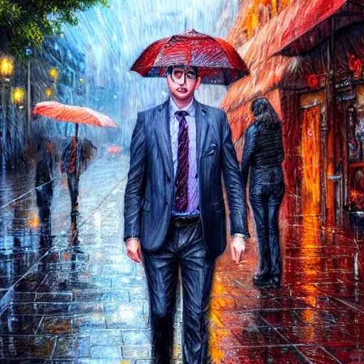 Prompt: John oliver in the rain, realistic detailed face, artstation, concept art, sharp focus, matte painting, hyper detailed, hyper realistic, art by Josephine wall