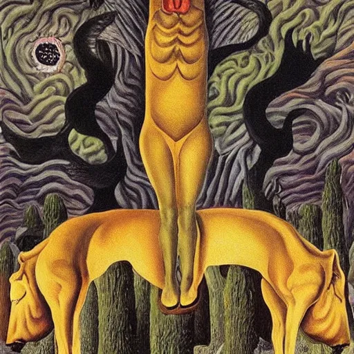 Image similar to king of the beasts 666, by Rene Magritte, by Remedios Varo, by M.C. Escher, fairy-tale illustration style, very detailed, colorful, beautiful, eerie, surreal, psychedelic