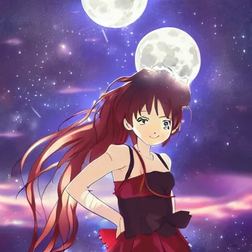 Prompt: a magical anime girl under the moon, dark colours, drawn by studio Ufotable, amazing line work, high quality,