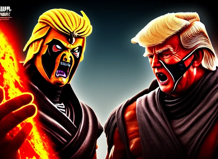 Image similar to trump fights biden in mortal kombat on the background of an ancient temple with a giant shao kahn laughing. fantasy magic style. highly detailed 8 k. intricate. lifelike. soft light. sony a 7 r iv 5 5 mm. cinematic post - processing