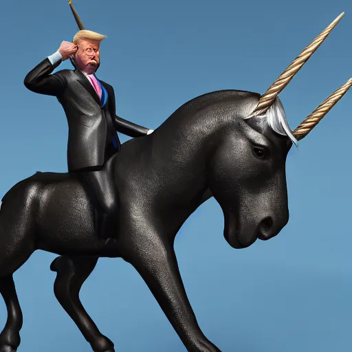 Prompt: trump riding a unicorn rendered in blender, ultra realistic, smooth shading, ultra detailed, high resolution, cinematic