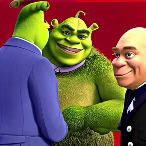 Image similar to movie frame screen shot, adolf hitler shaking hands with shrek, from shrek 2 ( 2 0 0 4 ), hd