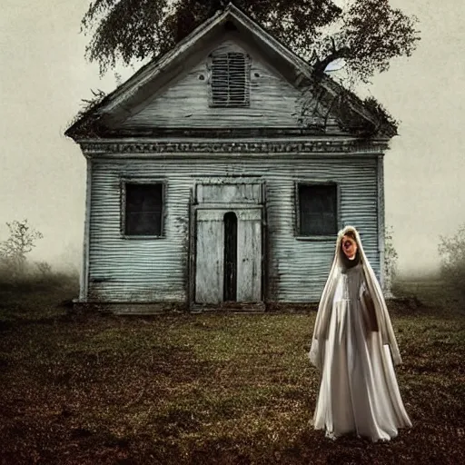 Image similar to picture of ghostly bride in front of an old wooden white church, 1 9 th century southern gothic scene, made by lagerstedt, mikko