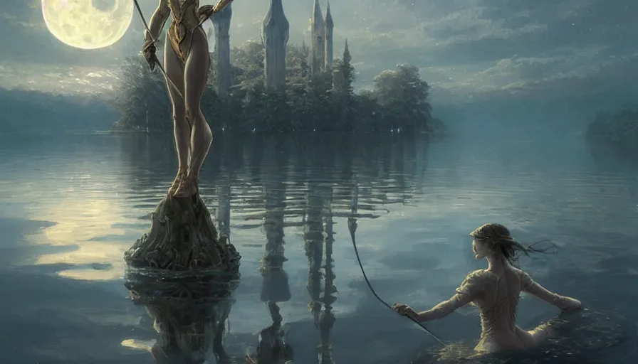 Prompt: excalibur in the middle of a lake under a giant full moon, rippling reflections, romantic, cinematic, intricate, elegant, highly detailed, artstation, concept art, smooth, sharp focus, art by WLOP and artgerm and greg rutkowski and alphonse mucha