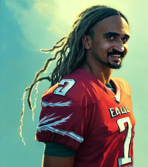 Image similar to highly detailed portrait of jalen hurts, philadelphia eagles football, unreal engine, fantasy art by greg rutkowski, loish, rhads, ferdinand knab, makoto shinkai and lois van baarle, ilya kuvshinov, rossdraws, tom bagshaw, global illumination, radiant light, detailed and intricate environment