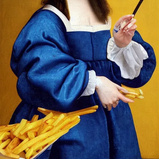 Prompt: dua lipa eating too many fries, johannes vermeer, ultra detailed, ultra realistic