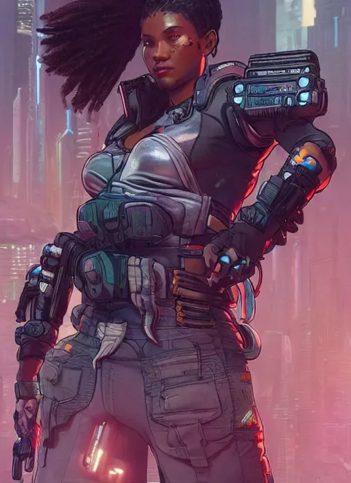 Image similar to sonya. apex legends cyberpunk weight lifter. concept art by james gurney and mœbius. cinematic, dramatic lighting ( cyberpunk 2 0 7 7 ), clean aesthetic