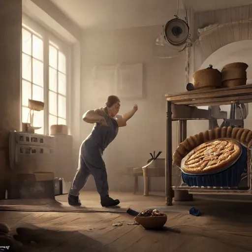 Image similar to a physical therapist baking a pie in the oven, volumetric lighting, 8 k octane beautifully detailed render, post - processing, extremely hyper - detailed, intricate, epic composition, cinematic lighting, masterpiece, trending on artstation, detailed detailed detailed, masterpiece, stunning art by anders zorn, wonderful masterpiece by greg rutkowski, beautiful cinematic light,