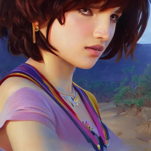 Image similar to ultra realistic illustration, bella thorne as dora the explorer anime, intricate, elegant, highly detailed, digital painting, artstation, concept art, smooth, sharp focus, illustration, art by artgerm and greg rutkowski and alphonse mucha and wlop