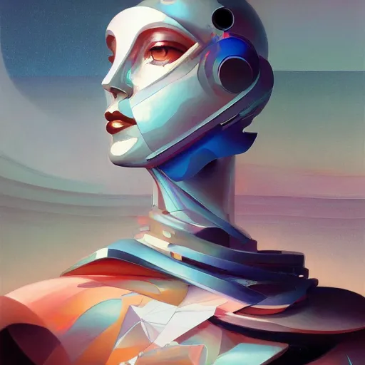 Image similar to scifi futurism automaton minimalism chrome by peter mohrbacher art Hajime Sorayama airbrush hyperrealism model abstract shatter fragments cubism futurism pastel blue soft flat minimal minimalism portrait face jackson pollock ukiyo-e lithograph mark ruthko swirl escape noise shimmer glow paint