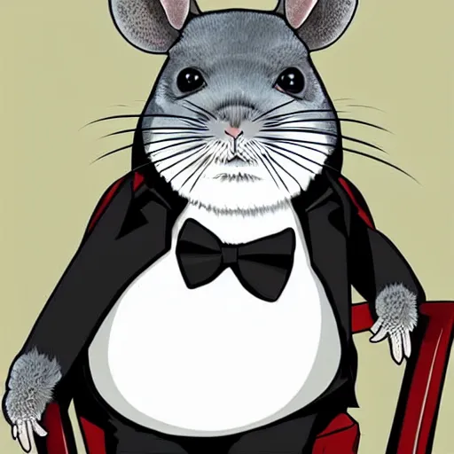 Prompt: portrait of a chinchilla in a sharp business suit, black tie sitting at an office chair, cute anime art