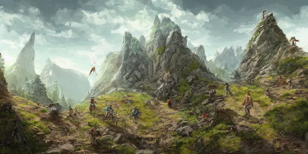 Image similar to A group of travelers making their way up a mountain trail. Wide, concept art, fantasy.