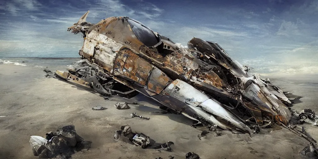 Prompt: rusty wreckage of a mysterious combat spaceship crashed on a beach, four winds, plasma phasers, rocket pods, missiles, two thrusters, sea, sand, grass, sand hills, beautiful blue sky, photography, natural light, golden hour, ultra detailed, photorealistic, by annie leibowitz