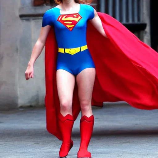 Image similar to emma watson in a superman costume doing a split