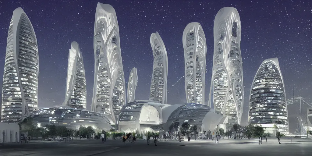 Prompt: city design by Zaha Hadid in starry nigth in the background