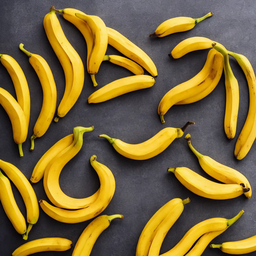 Image similar to long spotted bananas in the shape of juicy ripe oranges, closeup, hyper real, food photography, high quality