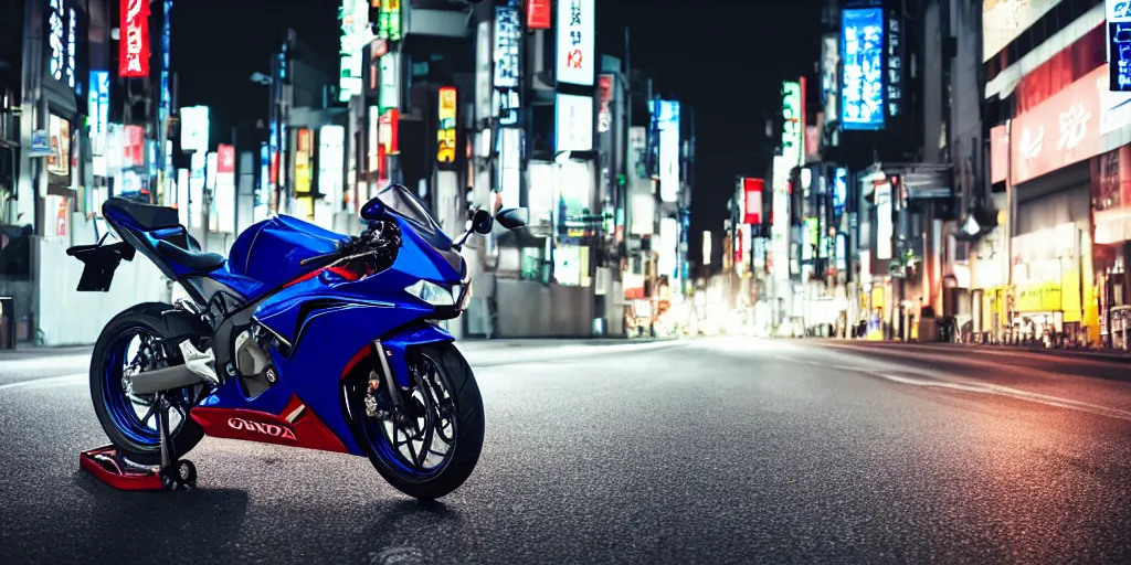 Image similar to Honda CBR600rr with blood vinyil in the middle of a road on the night Tokyo, blue color grading, cinematic color grading , unreal 5, hyperrealistic, realistic, photorealistic, dynamic lighting, highly detailed, cinematic landscape, studio landscape, studio lighting