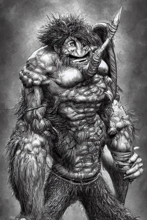 Image similar to hunched troll with a horn on his head, fantasy, highly detailed, digital art, sharp focus, trending on art station, kentaro miura manga art style