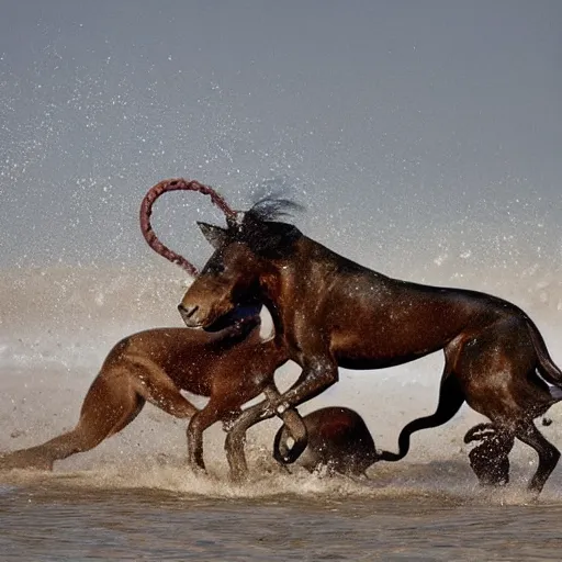 Image similar to National Geographic photo of horse full of octopus being eaten by African hunting dogs