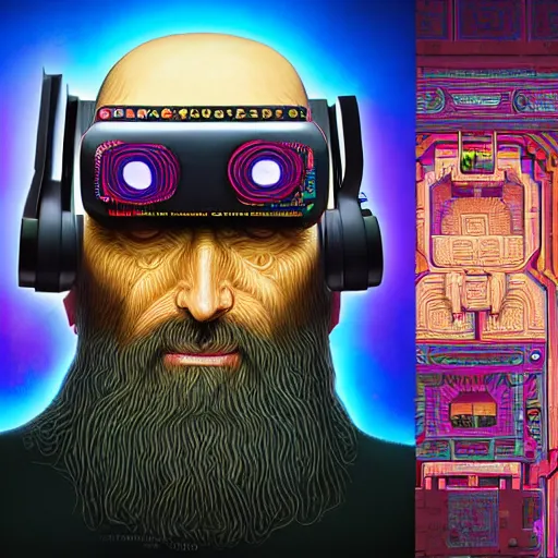 Prompt: Colour Photography of 1000 years old man with highly detailed 1000 years old face wearing higly detailed cyberpunk VR Headset designed by Josan Gonzalez Many details. Man playing Minecraft in VR . In style of Josan Gonzalez and Mike Winkelmann andgreg rutkowski and alphonse muchaand Caspar David Friedrich and Stephen Hickman and James Gurney and Hiromasa Ogura. Rendered in Blender