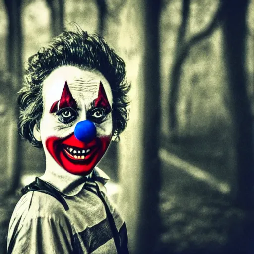 Image similar to creepy clown at a dark park smiling