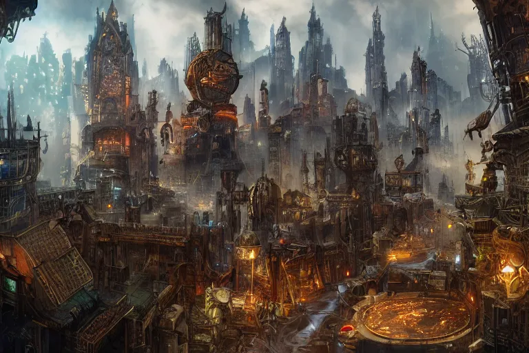 Prompt: Landscape imagery of a city mixed of technology and magic, wizards and machines, steampunk, dungeons and dragons, artificer, 8k, realistic,