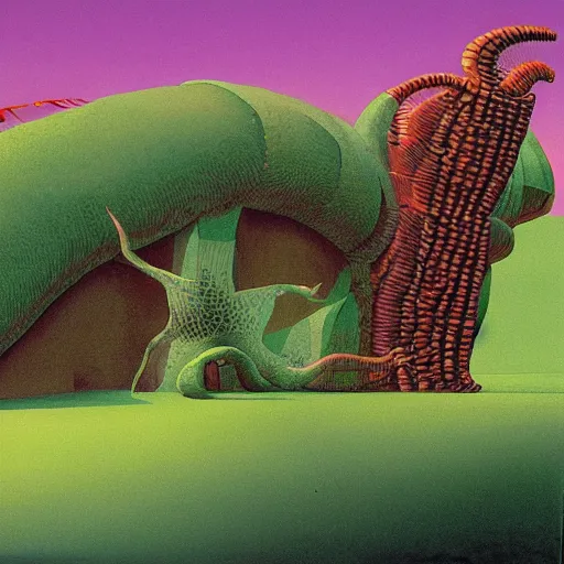 Prompt: Large centipede next to a house by Roger Dean